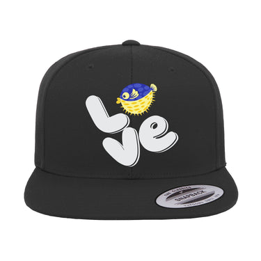 Love Fishing Blue Blowfish Globe Flat Bill Cap